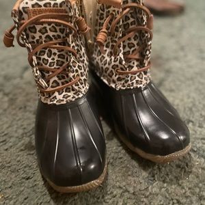 leopard print sperry rain boots size 6.5 women’s